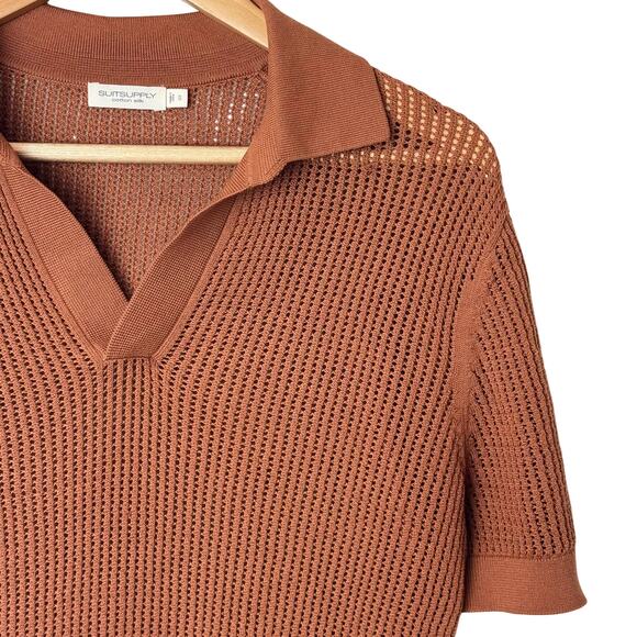 Suitsupply Crochet Buttonless Polo Shirt Mens S Rust Brown Cotton Silk Open Knit - Picture 5 of 13